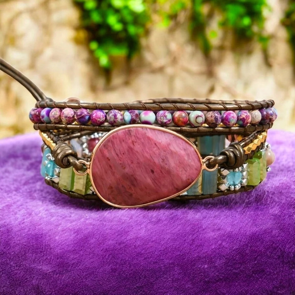 🆕️Elegant Triple Wrap Leather Bracelet Rhodonite Jasper Crystal Beads Jewelry - Picture 5 of 12